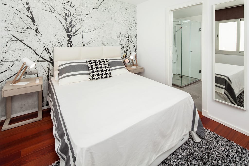 papel pintado en dormitorio, decoración de dormitorio, dormitorio moderno, fotografo andreas grunau
